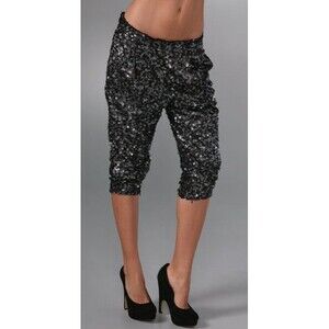NWT Womens New Robert Rodriguez Relaxed Sequin Trouser Pants Crop 4 Black Silver
